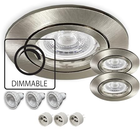 LED Einbaustrahler Dimmbar GU10 230 V alu gebürstet für 68er Lochbohrung - 3er SET Einbauleuchten Spots Strahler inkl. 7,5 W LED neutralweiss Leuchtmittel und GU10 Fassung - Deckeneinbaustrahler