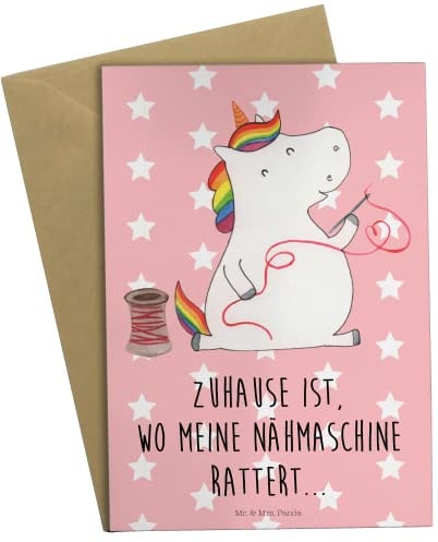 Mr. & Mrs. Panda Glückwunschkarte Einhorn Näherin - Geschenk, Einhörner, Unicorn, weihnachtskarten, einladungskarten, Freundin, Stricken, kommunionskarte, dankeskarten, osterkarte, Basteln