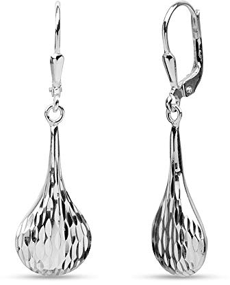 LeCalla Sterling Silver Dangle Earrings Jewelry Lightweight Diamond-Cut Tear-Drop Leverback Drop Earring for Women - 25MM