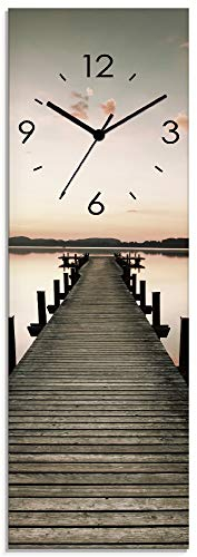 ARTLAND Wanddeko Wanduhr ohne Tickgeräusche Glas Funkuhr 20x60 cm Rechteckig Lautlos Landschaft See Natur Pier Sonnenaufgang Himmel S7MG