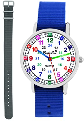 Pacific Time Kinder Armbanduhr Jungen Lernuhr 2 Wechsel Textilarmband Royalblau grau analog Quarz 11110