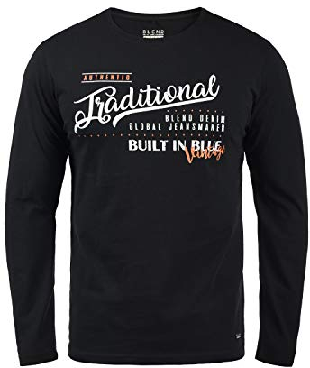 Blend BHDopper Herren Longsleeve Langarmshirt Shirt mit Print Baumwollmischung Regular fit, Größe:L, Farbe:Black (70155)