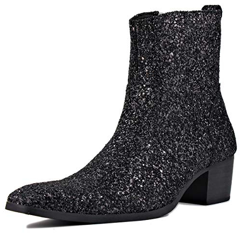 OSSTONE Stivaletto da Uomo Chukka in Leather Glitter Stivaletti firmati Scarpe Casual Tacco Chelsea Stivali con Cerniera OS-JY022-IT Nero Glitter 10