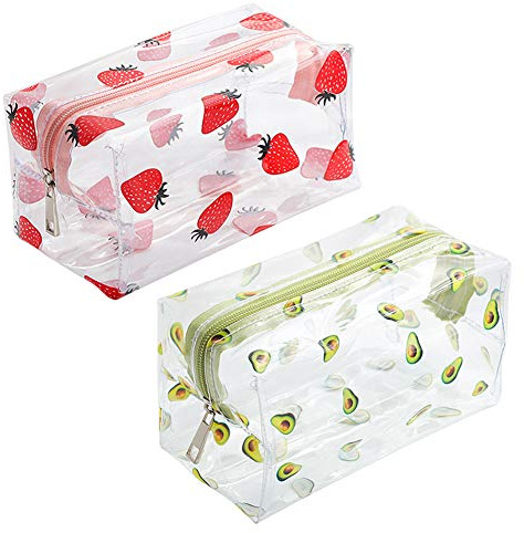 Lot de 2 trousses à crayons en forme de fruit de dessin animé, motif avocat, fraise, trousse de maquillage transparente pour femme, enfant, école, cadeau
