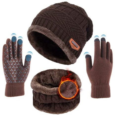 Kfnire Wintermütze Warm Beanie Schal Touchscreen-Handschuhe Herren Damen Strickmütze Wintermütze Schal mit Dicke Thermo mit Fleece Gefütterte, Mütze, Schlauchschal & Handschuh Set für Herren Damen
