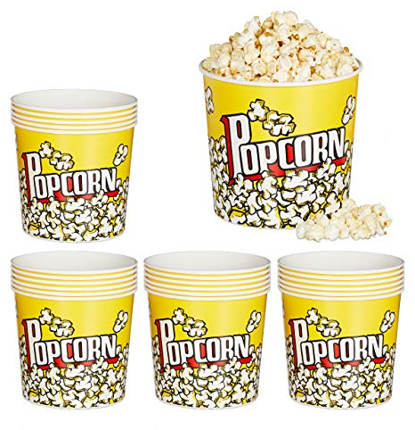 Relaxdays Set de 24 Boles Palomitas, Cubo, Caja, Bolsa, Recipiente, Estilo Vintage, Plástico, 2,8 L, 17,5x18 cm, Amarillo