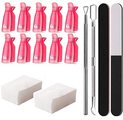 AIITLLYNA Nagellackentferner,Nagellackentferner Werkzeuge Set,10 Stück Nagel Klammer Nagellackentferner Clips,100 Stück Nagellackentferner Pads,Nagelfeilen Set,Nagelhautschaber und Pusher