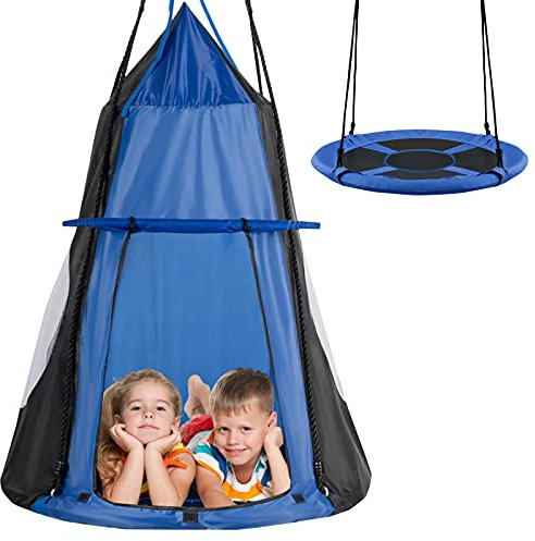 DREAMADE Balançoire Nid d'Oiseau Ø100CM avec Tente Amovible,Balançoire Extérieur Hauteur Réglable 100-180CM pour Enfants et Adultes,Siège Suspendu Charge 150KG pour Jardin,Salon,Caming(Bleu)