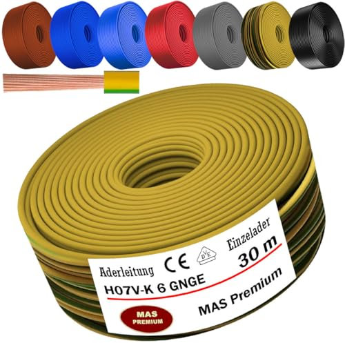 Cable Electrico de 5 a 100 m H07 V-K 6 mm² negro, marrón, azul oscuro, amarillo verdoso, gris, rojo o azul claro, cable individual flexible (amarillo verdoso, 30 m)