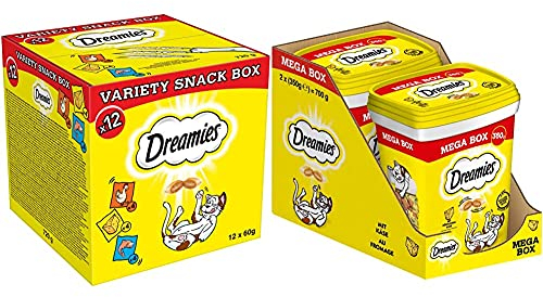 Dreamies Katzensnacks mit verschiedenen Geschmacksrichtungen – Huhn, Käse & Lachs, 12 x 60g & Mix Katzensnacks mit Käse-Geschmack – Außen knusprig & innen cremig – 2 x 350g
