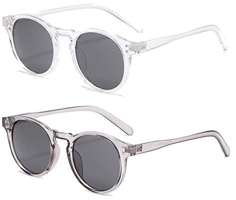 Long Keeper 2 Pair Vintage Round Sunglasses for Mens Womens Clear Frame Classic Retro Small Round Glasses UV400 Protection