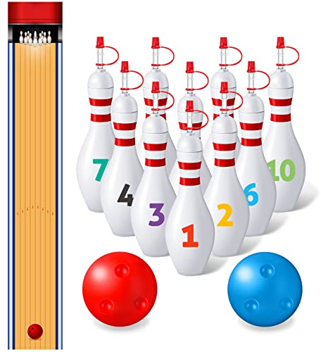 Gerrii 10oz Bowling Pin Shape Cups Set with Lids and Straws Include 10 Bowling Pins Cups 2 Balls 1 Ball Lane 1-10 Number Sticker Kids Party Supplies for Girl Boy Birthday Game Favors Decorations