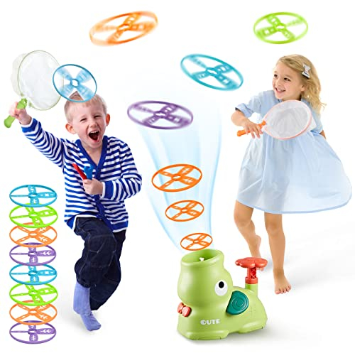 YYDeek Juguetes para niños al aire libre, equipo sensorial para autismo, juguetes de jardín para niños y niñas de 3 años, juguete lanzador de disco volador con 8 platillos, juegos al aire libre para