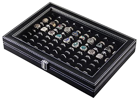 Pangkeep Ring-Organizer, 100 Fächer, Karbonfaser, Schmucktablett mit Glasdeckel (schwarzer Samt)