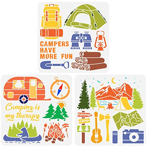 BENECREAT 3pcs Camping-Schablone, 30x30 cm/12x12 Zoll Lustige Camping-Grillzelt-Schablone, Wiederverwendbare Malvorlagen Für Karten-Scrapbooking, Stoff, Bodenmöbel, Wandkunst-Dekor