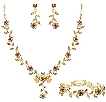 Clearine Women's Wedding Jewellery Set for Party Prom Leaf Cluster Flower Crystal Pendant Necklace Dangle Earrings Link Bracelet for Bridal Brides Bridessmaid Champagne Gold-Tone