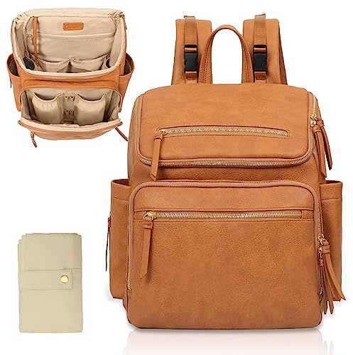 Omanmoli Wickeltasche, Rucksack, groß, Leder, mit 17 Wickeltaschen, Wickelunterlage, Kinderwagengurte, 4 isolierte Taschen, Honig