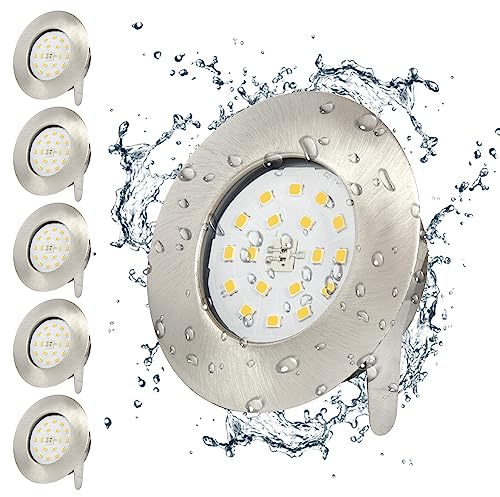 Wondlumi 6er Pack LED Einbaustrahler Set IP44 Badezimmer LED Spots 230V 5W Neutralweiß Rund Nickel Deckenspots 30mm Flach 500lm, Nicht Dimmbar