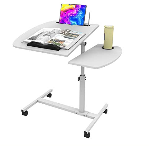 PIPIPOXER 60x40cm Escritorio con Ruedas, Mesa Ordenador con Bandas Antideslizantes, Ranura para Pad & Portavasos, Escritorio Móvil Regulable en Altura 61-95cm, Mesa Escritorio Móvil para Sofá, Blanco