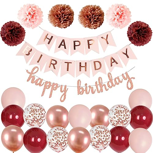 Ohighing Happy Birthday Weinrot Rosegold Geburtstag Party Deko Set Geburtstag Girlande Luftballons Burgund Rosegold Ballons 6 Pompoms Geburtstagsdeko Mädchen