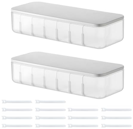 2 Stücke Kabel Aufbewahrungsbox, Kabel Organizer Box, Transparenter Cable Management Box mit 7 verstellbaren Fächern, inklusiv 14 Kabelbindern für Schreibtisch Aufbewahrung, Büro, Heimgebrauch
