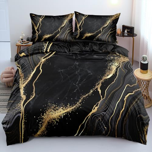 DXHOME Marmor Bettwäsche 135x200 Schwarz Gold 2 Teilig Bettwäsche Set Muster Marmor für Einzelbett Bettbezug mit Reißverschluss + 1 Kissenbezug 80x80 cm
