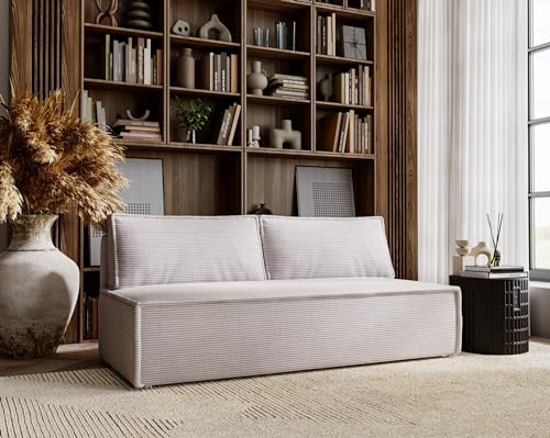 Kaiser Möbel, Klappsofa mit Schlaffunktion, Sofa Duo, Schlafsofa Couch, Loungesofa, Bettsofa, Wohnzimmer, Schlafzimmer, POSO Stoff- Cord 90 x 200 x 92 cm Hellgrau
