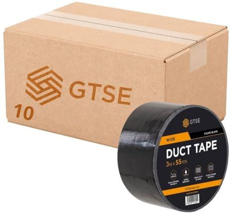 GTSE 10 Rolls 75mm x 50m, Wide Black Duct Tape 3” Waterproof Strong Adhesive Gaffer Tape for Patching, Sealing, Securing Cables and Labelling, Heavy Duty Tape