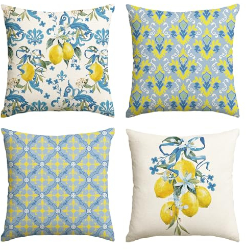 Artoid Mode Zitrone Blumen Floral Sommer Kissenbezüge 4er Set, 45x45 cm Saisonnal Zierkissenbezug Cushion Cover Couch Wohnzimmer Deko