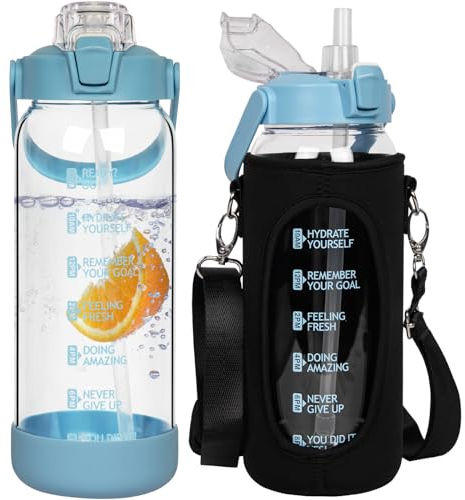 Seekua 1.5l Glass Water Bottle with Straw & Motivational Time Markings 1.5 litre Large Leakproof Gym Drinking Bottle