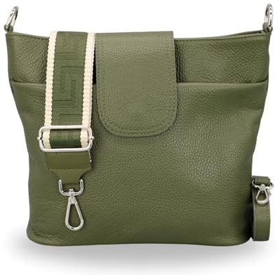 BRISE Umhängetasche Damen Echtes Leder ELLIE Handgemachte Crossbody Bag mit Ledergurt + Optionalen Breiten Gemusterten Riemen 6 Fächer Wasserdichte Schultertasche Made in Italy (Khaki - 3)