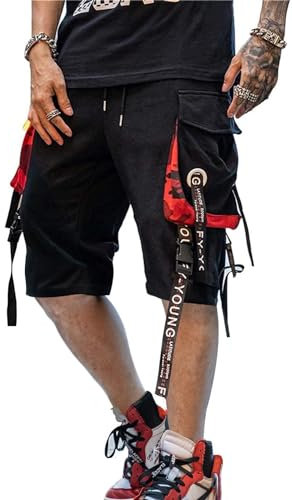Hello MrLin Men's Cargo Shorts Summer Casual Trousers with Pockets, black red, L