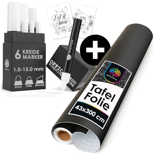 OfficeTree Tafelfolie Selbstklebend 300x43 cm + 6x Kreidemarker Weiss - schwarze Kreidefolie Selbstklebend 300 x 43 cm - Kreidetafel - Kreidestifte für Tafel Abwaschbar - Kreidestifte für Fenster