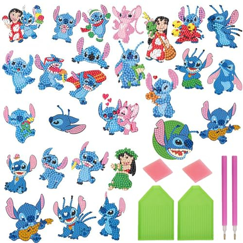 COQOYO Stich Diamond Painting Kinder Sticker Set, 27 Stück 5D Diamantmalerei Aufkleber Bilder, Cartoon Mini DIY Diamant Mosaikherstellung Basteln Kit für Erwachsene Anfänger Jungen Mädchen Geschenke