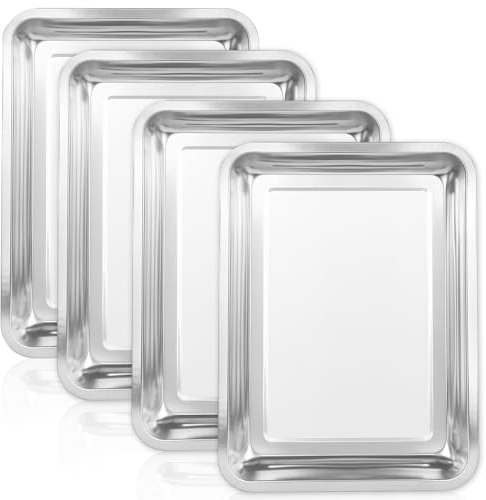 WENLISELL Stainless Steel Baking Tray Set of 4, Rectangle Steel Oven Tray, Non Stick Baking Trays for Oven Cooking Serving, 40x30x5cm