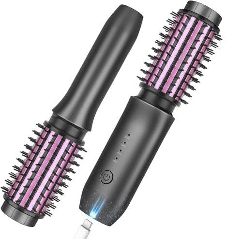Cordless Curling Iron Brush, 2025 New Portable Travel Curling Iron Mini Brush for Women, 7000Mah USB Rechargeable Curling Wand with Negative Ion, Gray