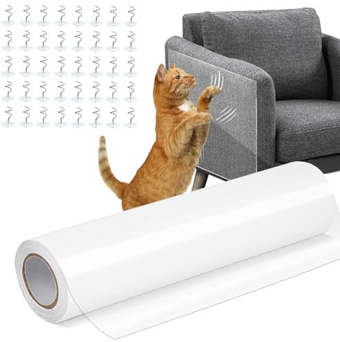 ANBOWEI Anti Scratch Cat Tape 30x300cm Clear Furniture Protector, Self-Adhesive Cat Scratch Guard Cover with 40 Twist Pins for Protecting Sofa and Doors