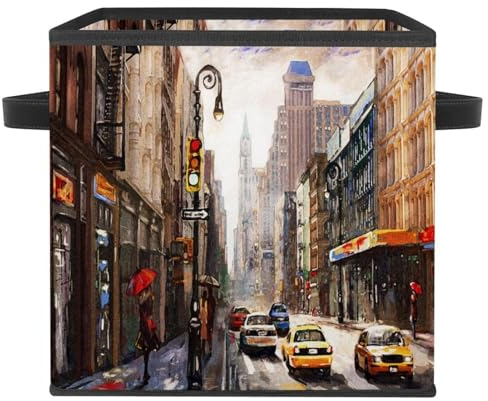 VAPOKF Faltbare Aufbewahrungsbox, Stoff-Aufbewahrungskorb, Würfel, Organizer, Behälter mit Griffen für Spielzeug, Kleidung, Bücher, Schrank, Schlafzimmer, Zuhause - New York City Street Ölgemälde