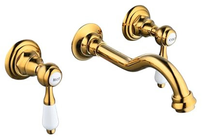 Tivezlor Robinet de salle de bains mural doré, mitigeur de lavabo, robinet de lavabo de salle de bains vintage, mitigeur de robinet 2 poignées 3 trous, robinet de lavabo laiton,A