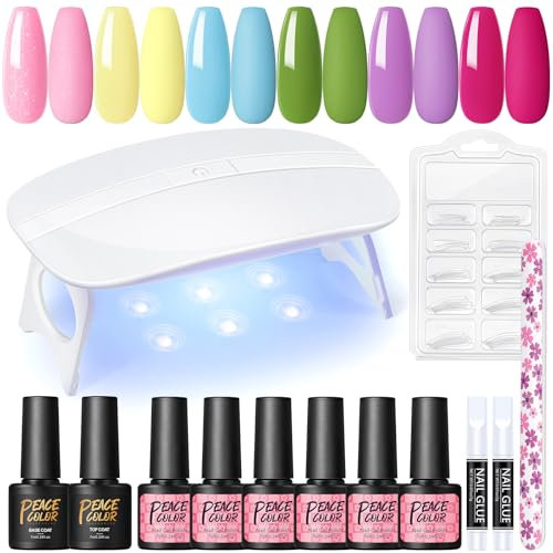 PEACECOLOR Gel Nail Polish Set Portable Lamp Starter Kit,6 Colours Gel Polish Set Top Coat Base Coat False Tips Manicure Tools Gift for Women at Home