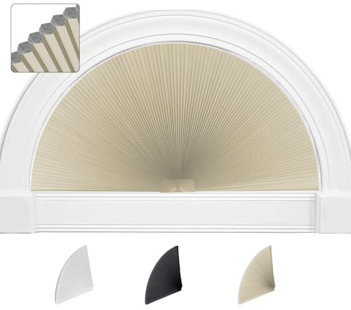 SEEYE Bogenfenster Verdunkelungsrollo, Plisseerollo (Radius: 91,4 cm) Halbrund-Jalousien, schnurlos, ohne Werkzeug, halbrunder Schirm, einfach zu schneiden und zu installieren, Beige