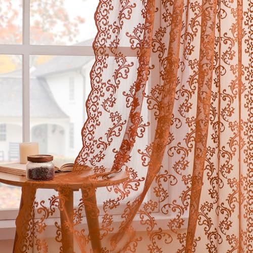 Spitzenvorhänge, 2 Stück, Landhaus-Blumenmuster, Paisleymuster, Vorhänge für Wohnzimmer, Schlafzimmer, Tunnelzug, Lichtfilterung, Vintage, lässig, Herbst, Herbst, Kürbis, 132 x 183 cm, Rost/Terrakotta