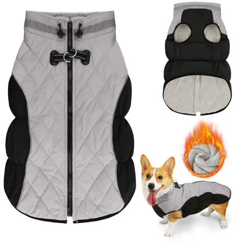 Lyneun Hundejacke Winter Wasserdicht, Warm Weich Winddicht Hundemantel mit Geschirr, Reflektierend Hunde Wintermantel mit Reißverschluss Verstellbarer Schnalle für Kleine Mittelere Hunde (Grau, L)