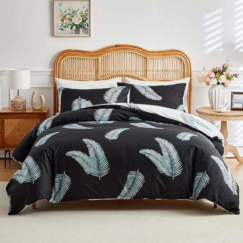 RongRongIN Bettwäsche Set 155 x 220 cm Pflanze Serie mit Reißverschluss – Schwarz Weiß Blatt, Bettbezug 155x220cm und 1 Kissenbezug 80x80cm, Weich Bequem Wendebettwäsche Bettwaren