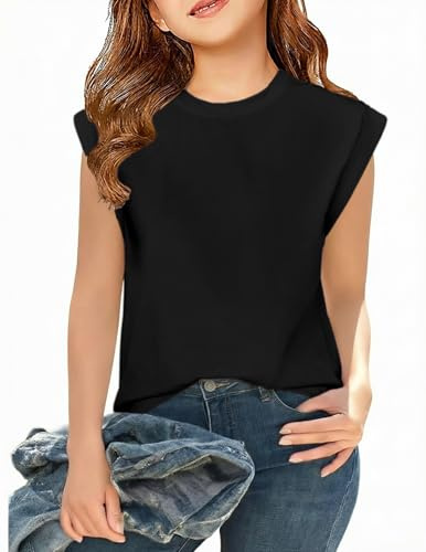 Arshiner Girls T-Shirt Cap Sleeve Kids Round Neck Tops Kid's Basic Tee | Plain Shirts,Loose Fit,Summer,Casual,5-12 Years
