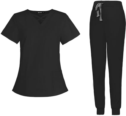 Meichoon Women's Nurse Uniform Set Elastic Round Neck Top Quick Dry Drawstring Yoga Jogging Pants Slim Fit Medical Workwear DK53