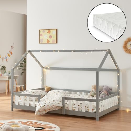 [en.casa] Kinderbett Sisimiut mit Matratze 120 x 200 cm Hausbett Montessori mit Rausfallschutz Holzbett für Kinder Bodenbett Lattenrost Kiefernholz Hellgrau/Weiß