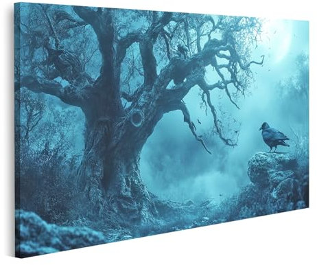 islandburner Prime Bild auf Leinwand Mystischer Baum und Rabe im Nebel für Wohnzimmer Natur-Liebhaber Wellness-Spa Bilder Wandbilder Poster
