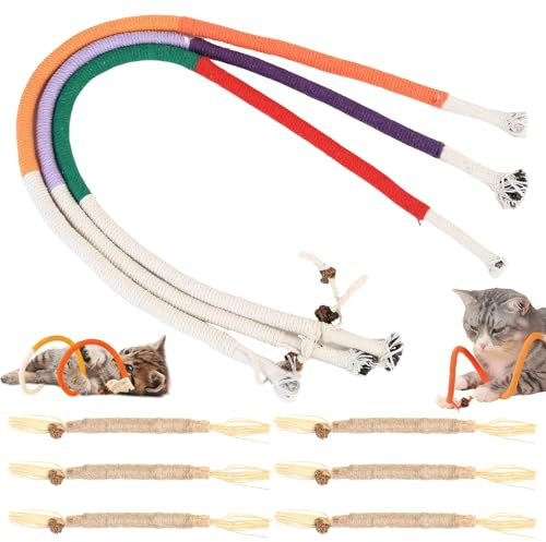 9 Pcs Juguete De Dentición para Gatos:3 Cuerdas para morder y 6 palitos de Catnip para Gatos – Fomenta el Cuidado Dental y el autoentretenimiento Activos.