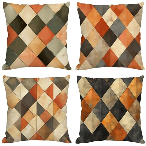 Outdoor Kissen orange Farbe Kissenbezug 35x35 cm 4er Set Balkon Dekokissen Geometrie Outdoor Kissenhülle Wasserdichte Leinen Doppelseitiger Gedruckte Sofakissen Garten Balkon Zierpolster Gifts Y-376